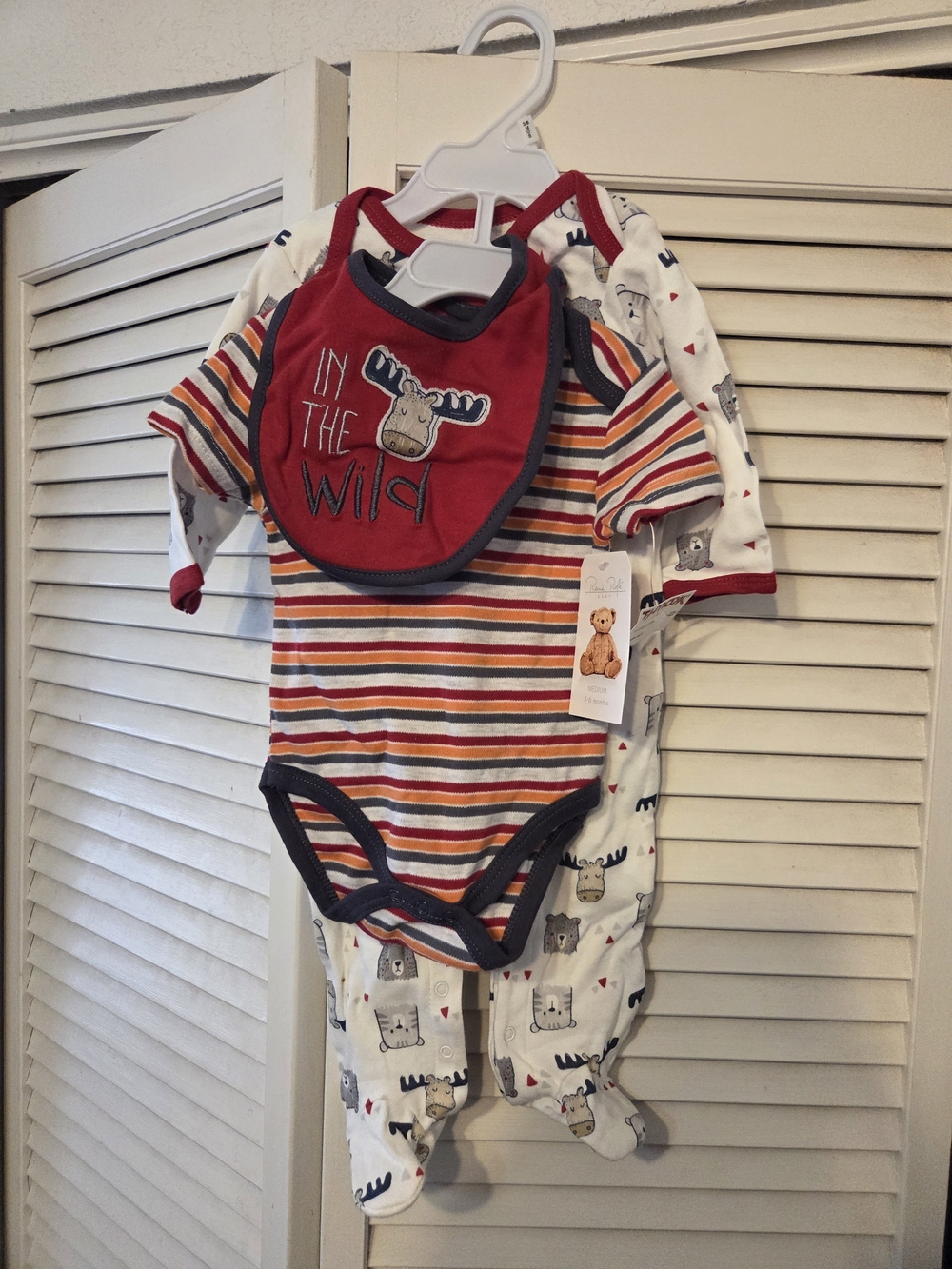 Unbranded Kids' Moose Stripe One-Piece with Bib - Red/Gray Size: 3/6 Months